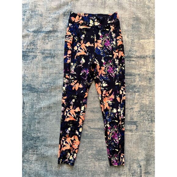Popfit Blue Peach Floral Print Stella High Rise Leggings with Pockets Large - Picture 1 of 6